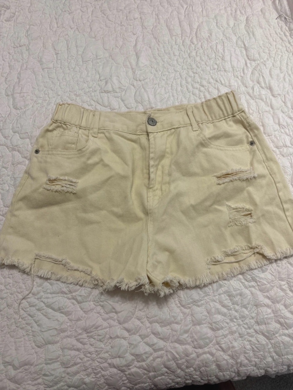Love Tree Cream Distressed Denim Shorts